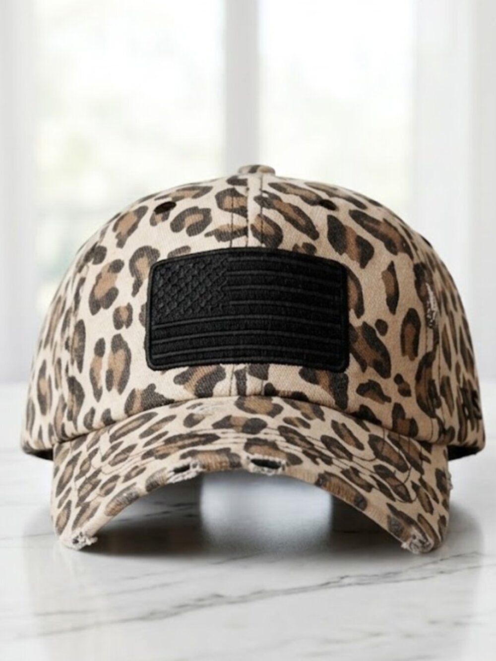 Ladies Leopard Distressed American Flag Hat - Animal Print Baseball Cap
